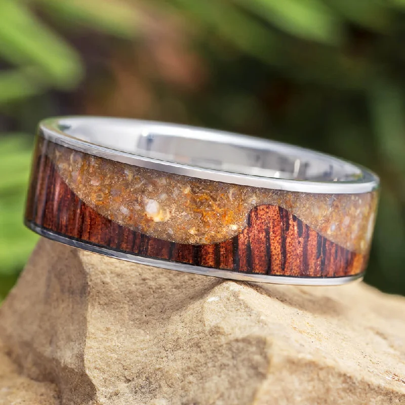 Crushed Dinosaur Bone Wedding Band With Koa Wood Wave