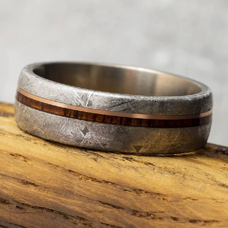 Unique Meteorite & Wood Wedding Band With Gold Pinstripe