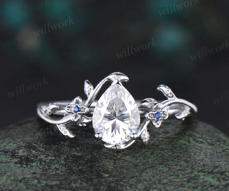 Pear cut moissanite engagement ring vintage three stone natural sapphire leaf floral ring women jewelry