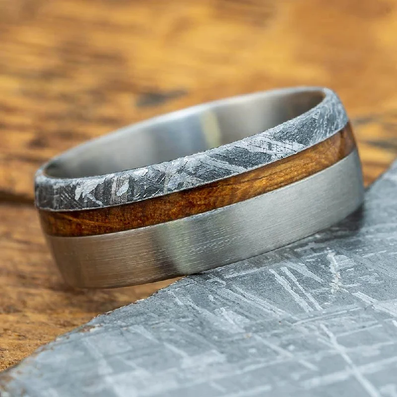 Whiskey Barrel Wood Wedding Band with Gibeon Meteorite