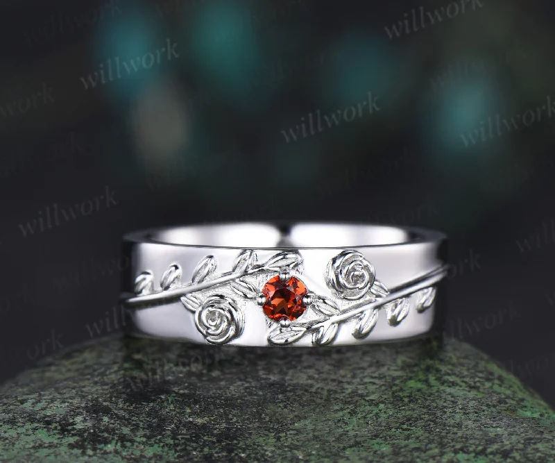 Round red garnet wedding band mens solid 14k white gold leaf floral wedding ring unique anniversary ring gift nature inspired Engagement Ring