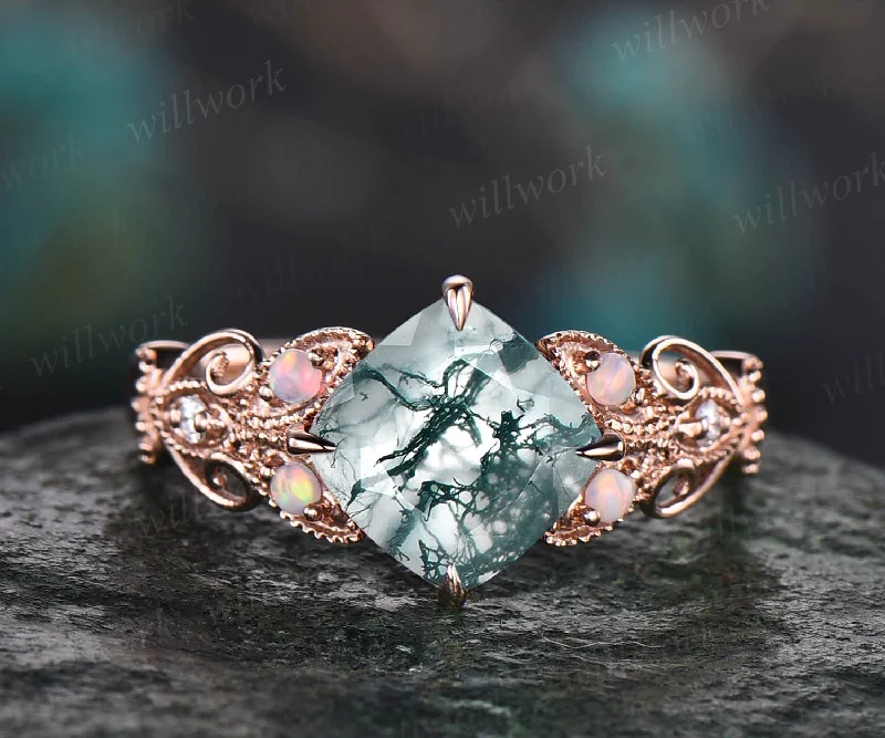 Cushion cut moss agate engagement ring rose gold butterfly flower unique vintage engagement ring opal diamond ring for women wedding ring