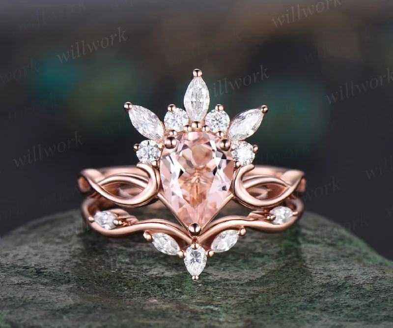 Morganite ring vintage pear shaped Morganite engagement ring set cluster rose gold ring marquise cut diamond promise  bridal ring set women