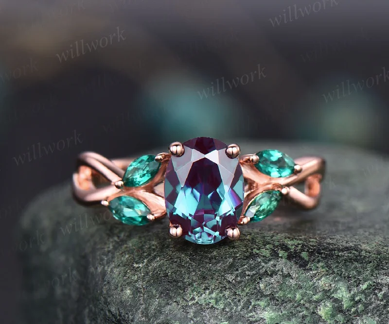 Unique oval cut Alexandrite engagement ring art deco cluster vintage emerald ring for women 18k rose gold silver infinity twisted ring band