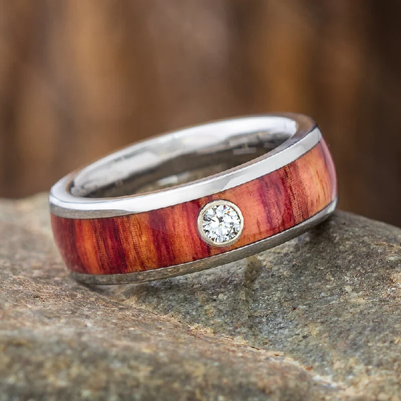 Diamond Wood Wedding Band with White Gold Bezel and Titanium Sleeve