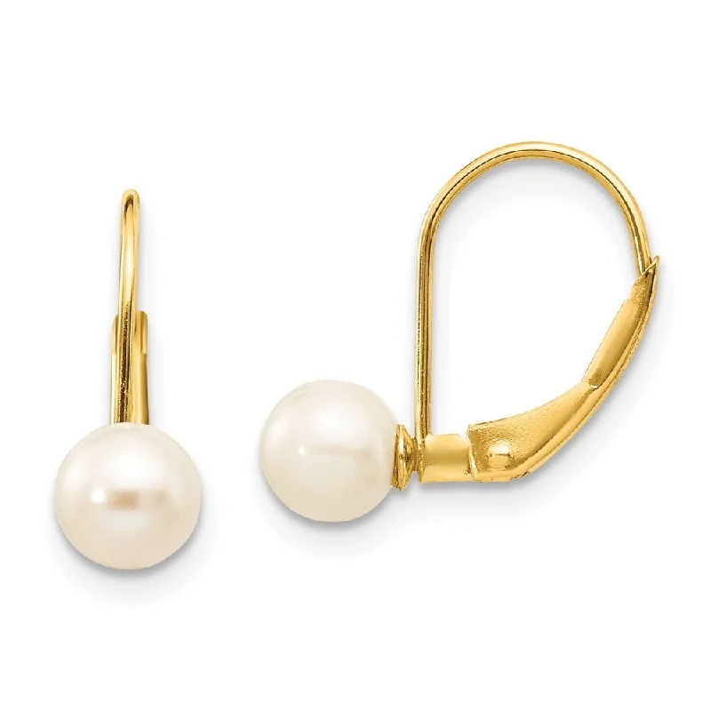 14k Yellow Gold White Pearl Dangle Earrings w/ Leverback (L-5 mm, W-6 mm)