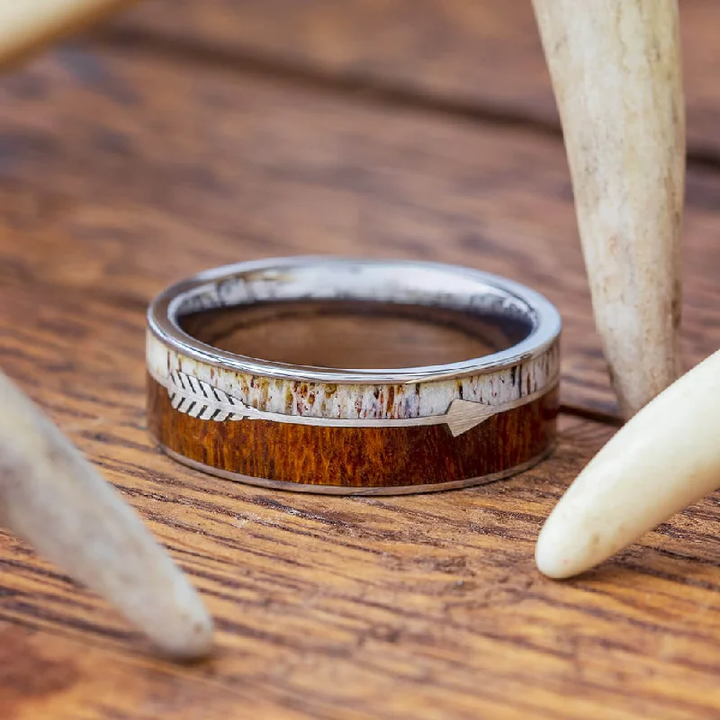 Sterling Silver Arrow Ring with Antler and Ironwood Burl