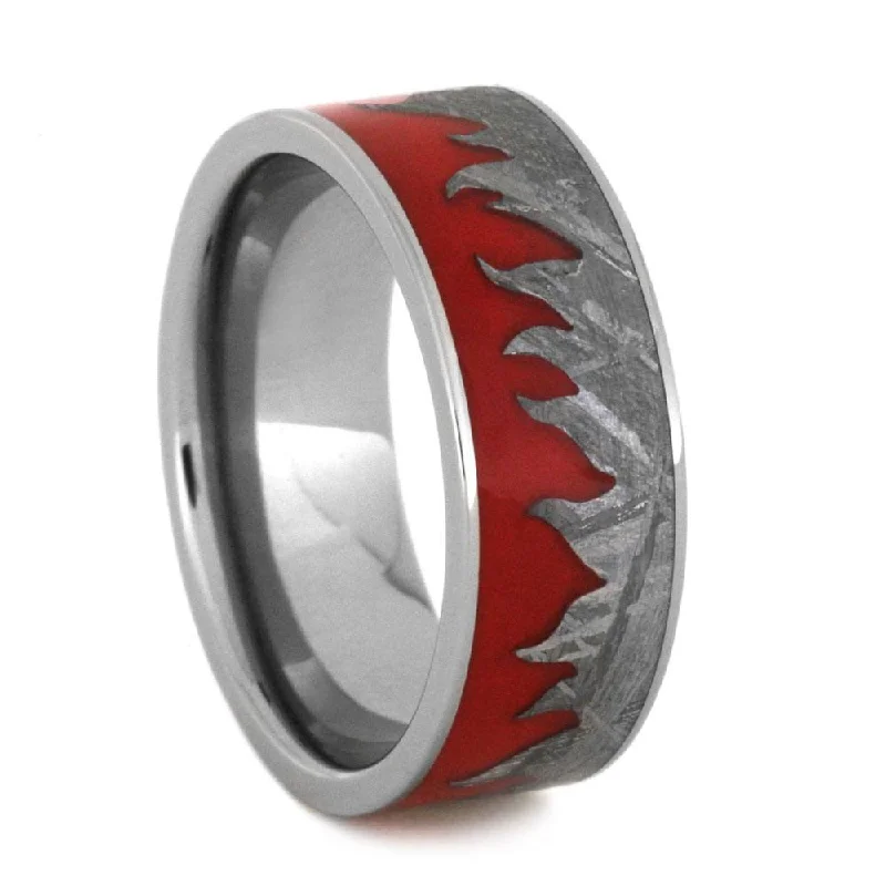 Red Fire Moonscape Ring with Carved Meteorite