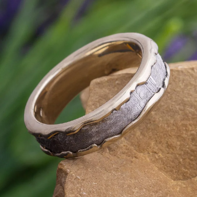 Wavy Gold Wedding Band with Meteorite