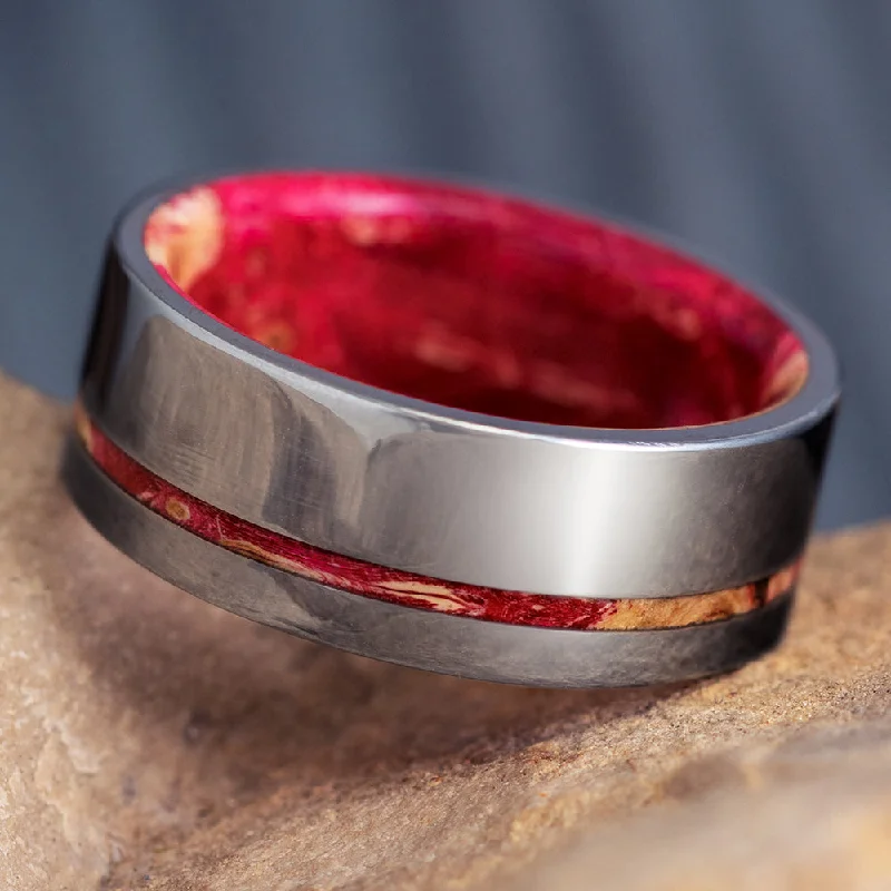 Red Box Elder Ring With Wooden Sleeve And Titanium