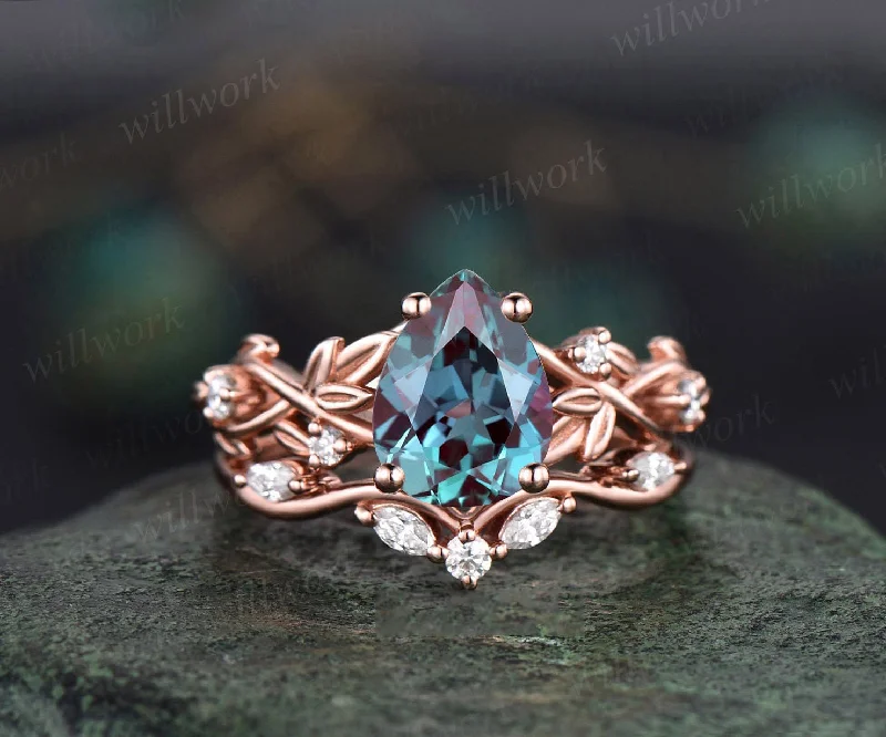 Twig pear shaped Alexandrite engagement ring set rose gold five stone leaf branch Nature inspired ring diamond wedding ring set women gift