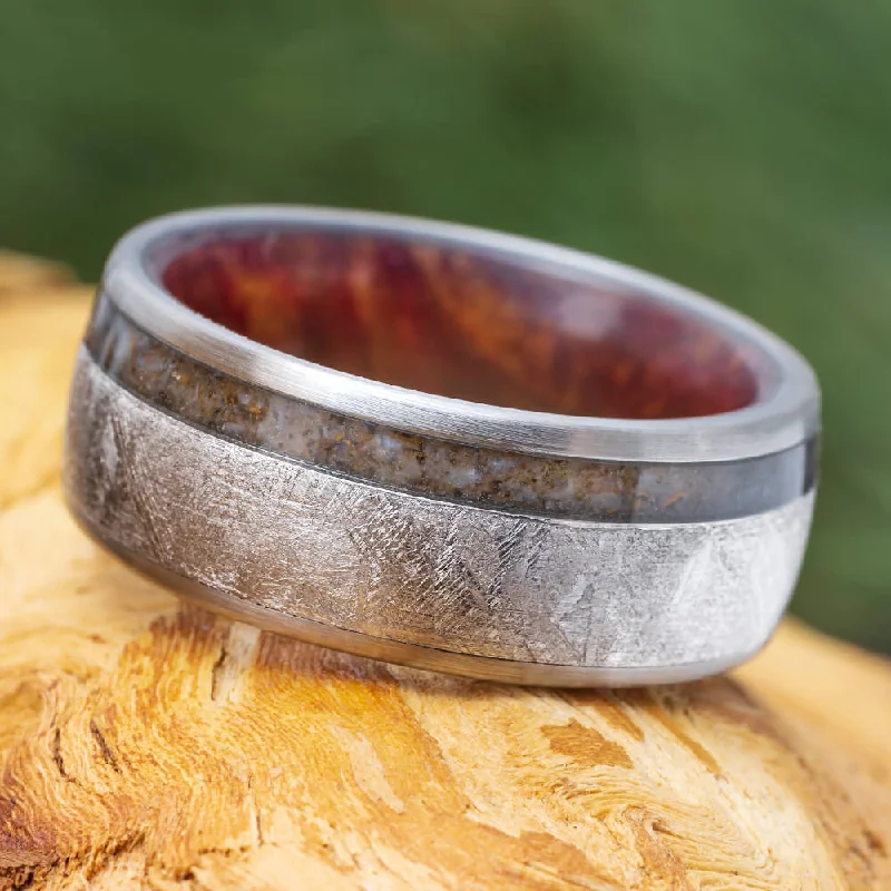 Meteorite Men's Wedding Band With Dinosaur Bone And Ruby Redwood Sleeve