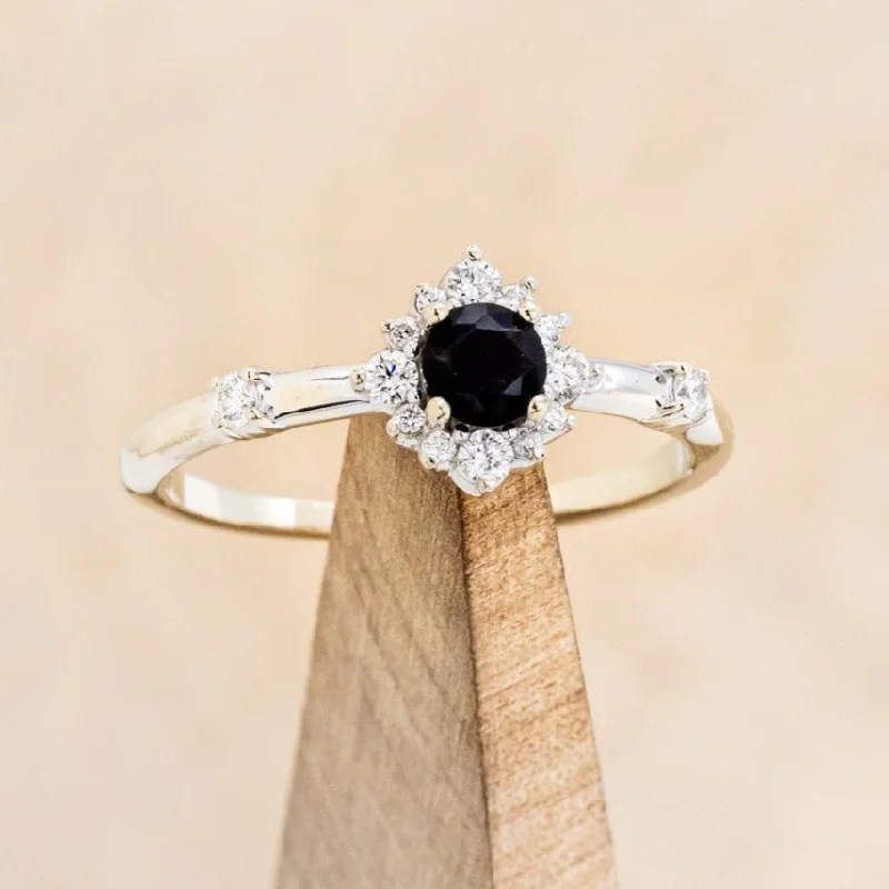 "STARLA" - ROUND CUT ONYX ENGAGEMENT RING WITH STARBURST DIAMOND HALO