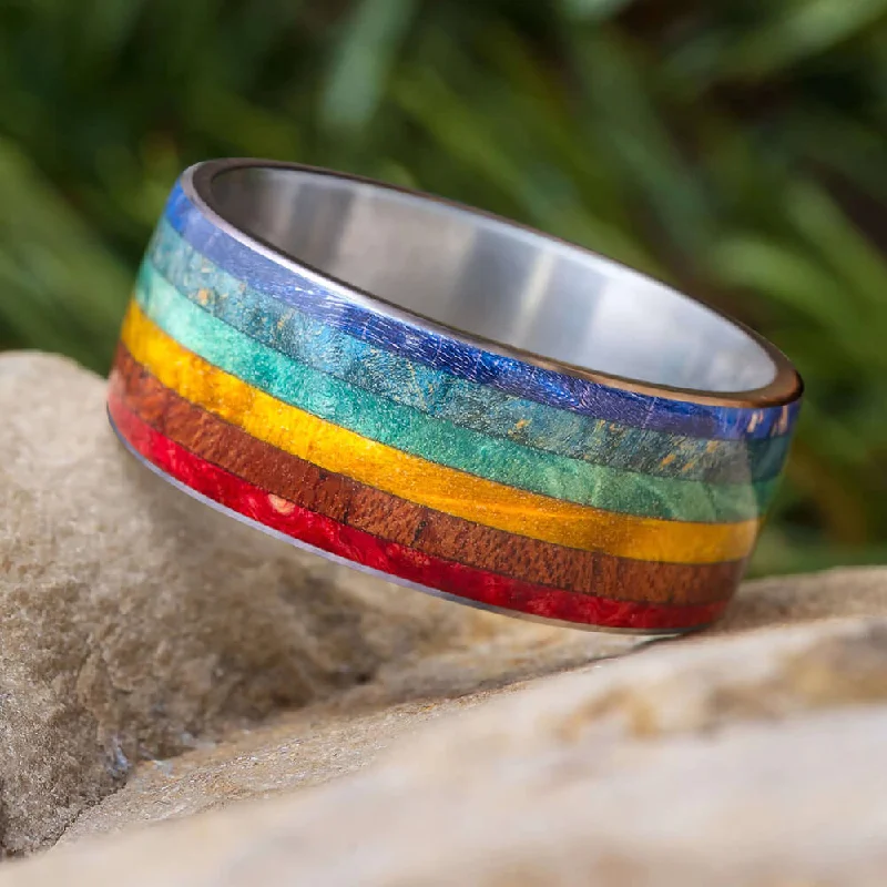 Rainbow Pride Ring With Box Elder Burl Wood