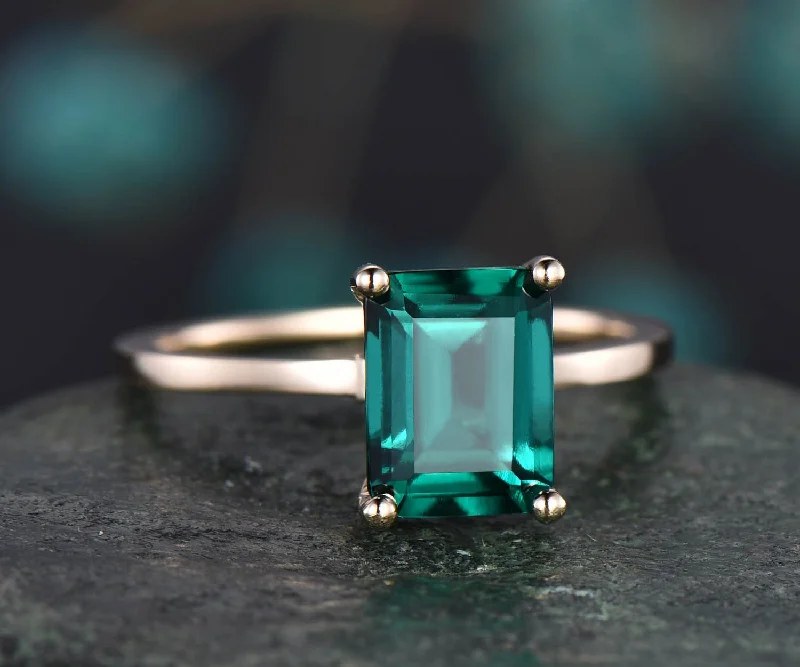 Emerald cut emerald engagement ring rose gold antique emerald ring gold handmade May birthstone ring wedding promise bridal ring jewelry