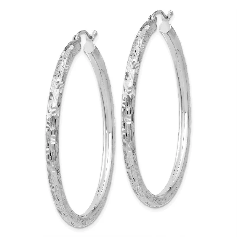 Diamond2Deal 14K White Gold Textured Hoop Earrings (L-60 mm, W-3 mm)