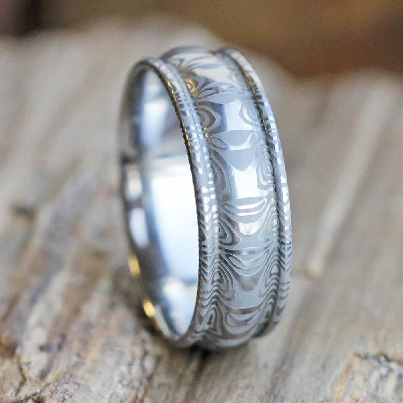 Stainless Steel Damascus Ring with Radius Edge Dome Profile