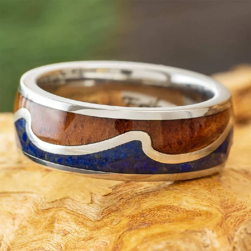 Wavy Wedding Band with Crushed Lapis and Koa Wood