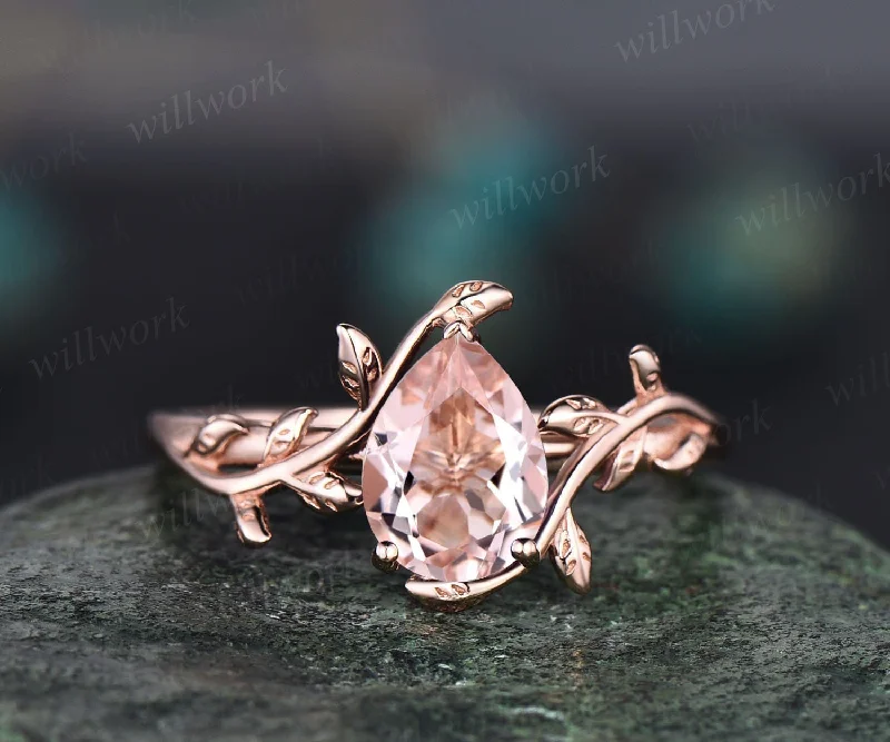 Vintage pear shaped natural morganite engagement ring leaf flower solitaire unique rose gold engagement ring bridal wedding ring for women