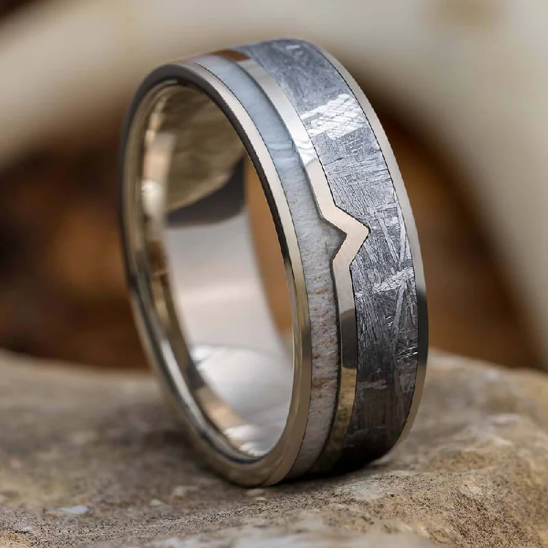 Men's Wedding Band with Deer Antler & Meteorite