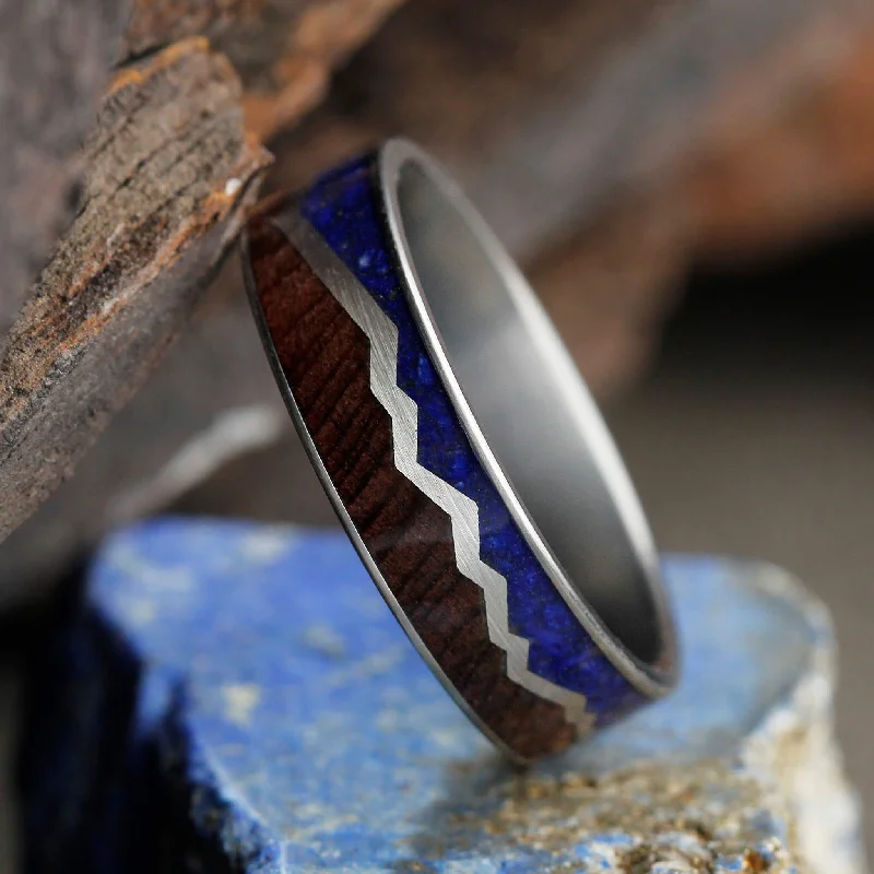 Mountain Ring with Lapis and Redwood Split by Sterling Silver