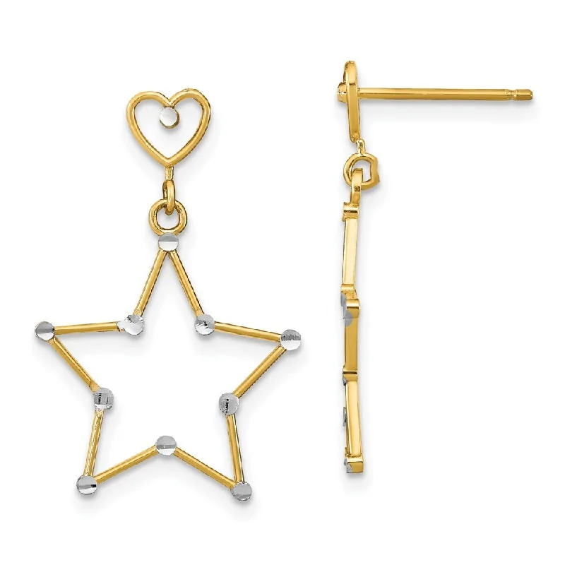 14k Gold Diamond-Cut Heart & Star Dangle Earrings (L-26.7 mm, W-16.9 mm)