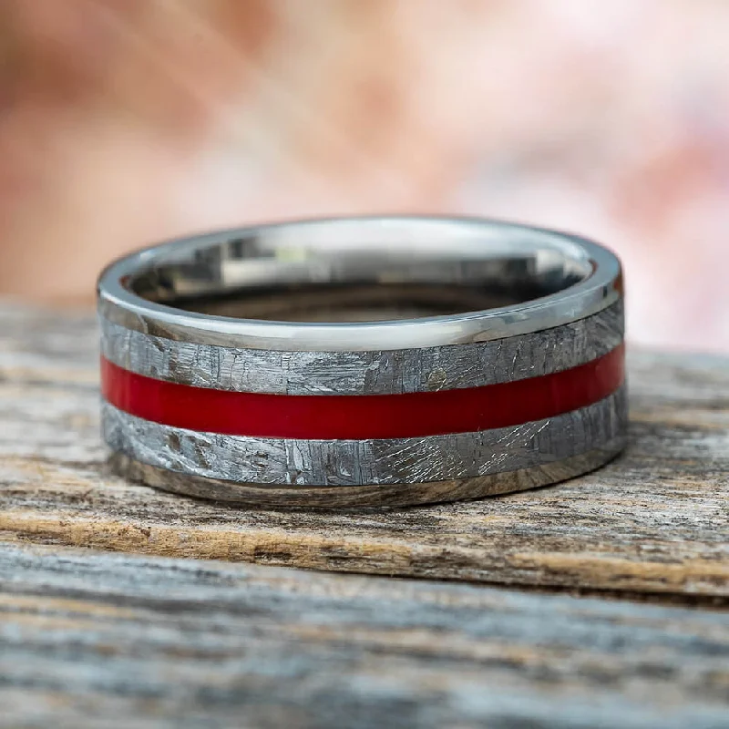 Men's Meteorite Ring With Red Enamel Pinstripe, Titanium Wedding Band