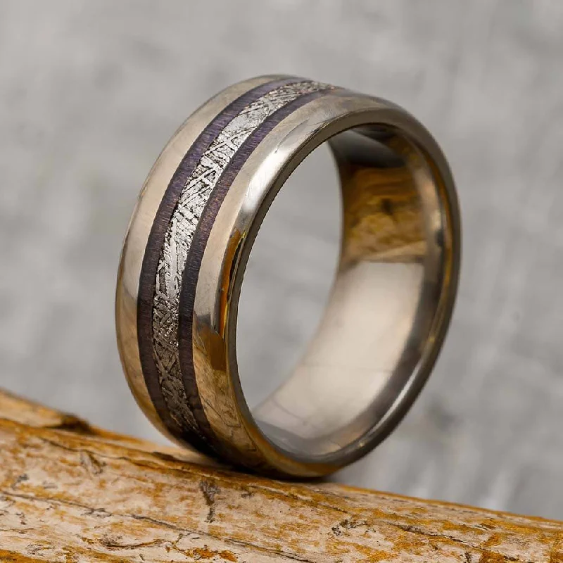 Men's Wedding Band with Gibeon Meteorite and Purple Box Elder Burl Wood