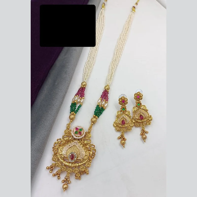 Manisha Jewellery Gold Plated Pota Stone And Pearls Meenakari Long Necklace Set