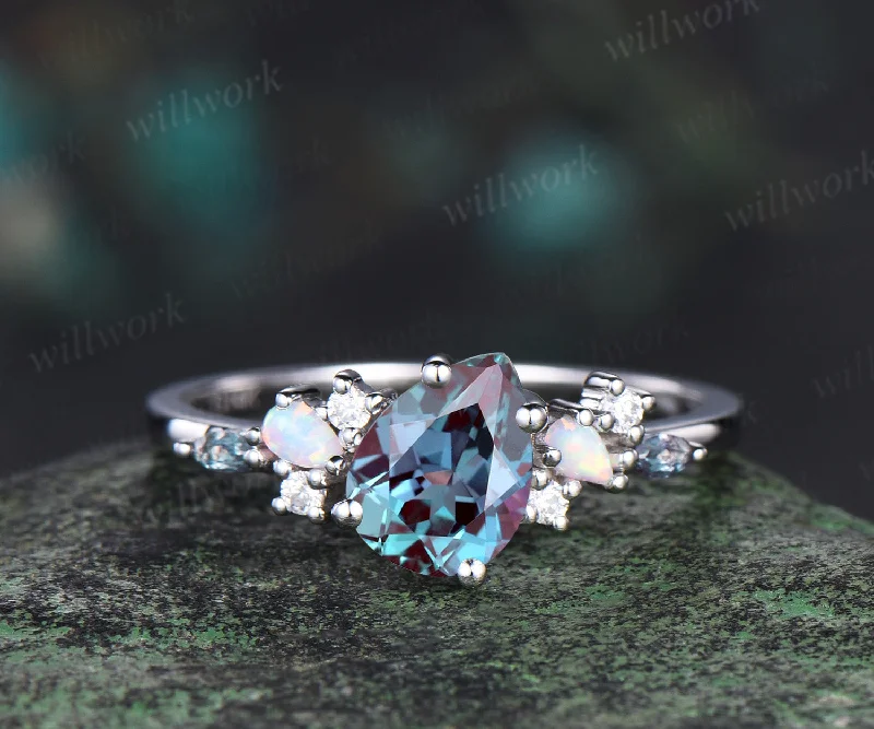 Pear shaped alexandrite engagement ring solid 14k white gold cluster opal ring vintage dainty unique wedding anniversary ring gift