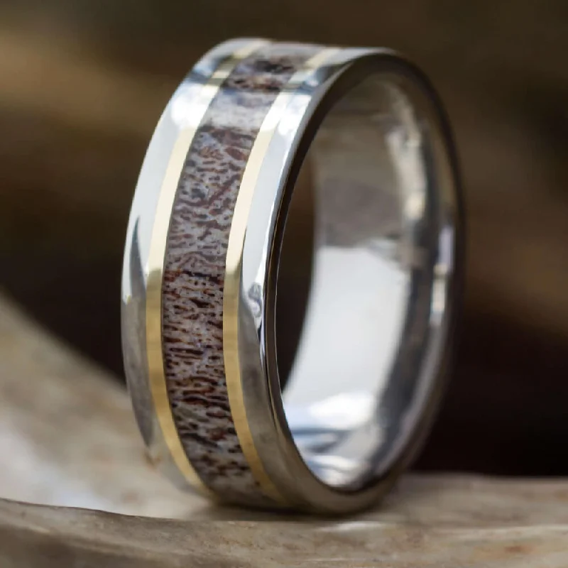 Antler Wedding Band With Gold Pinstripes