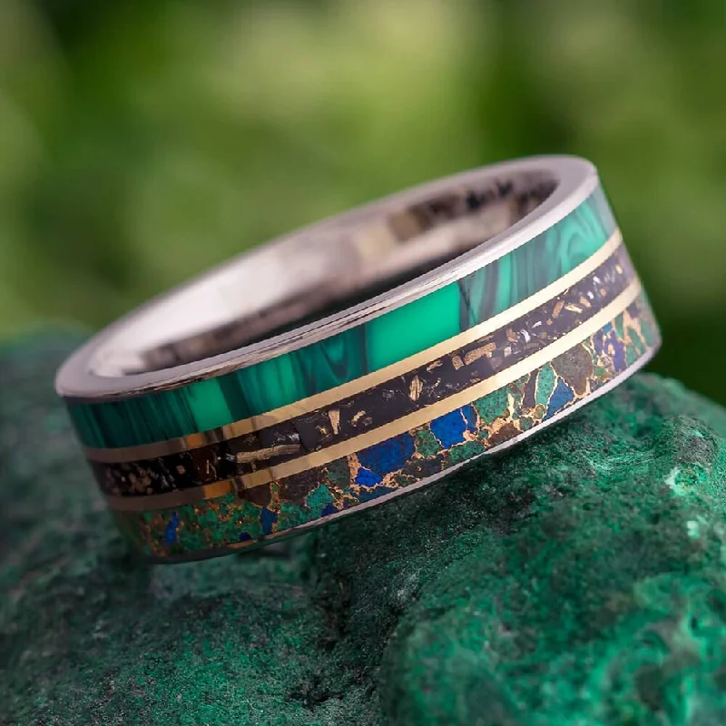 Green Men's Wedding Band with Malachite, Stardust and Turquoise