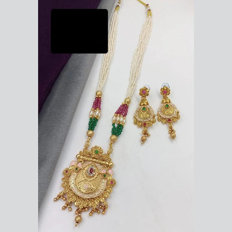 Manisha Jewellery Gold Plated Pota Stone And Pearls Meenakari Long Necklace Set