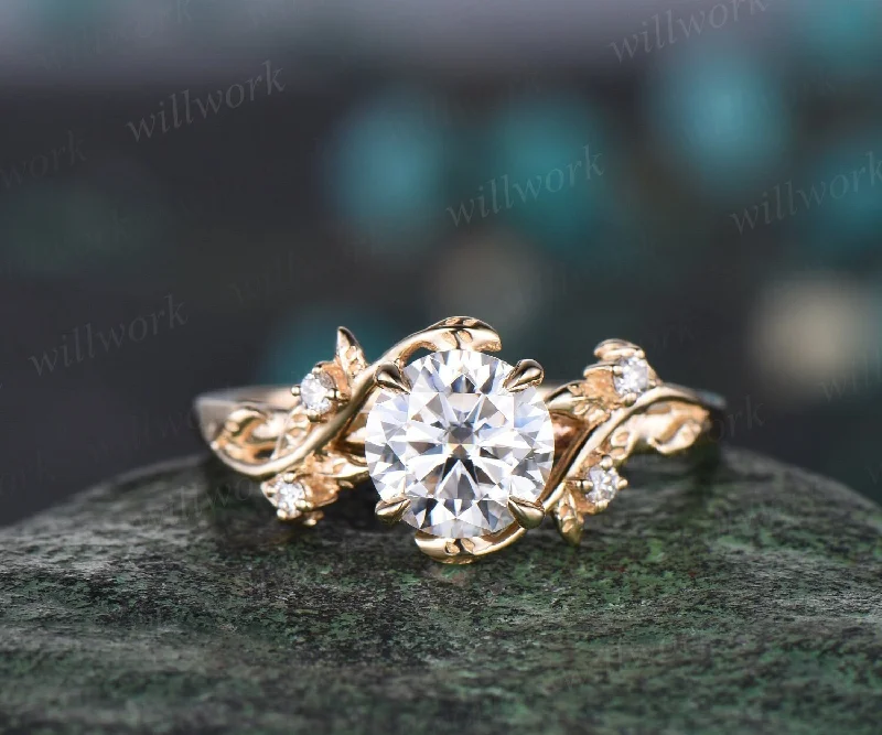 Vintage 1ct round cut moissanite engagement ring yellow gold art deco leaf five stone diamond anniversary promise wedding ring women gift