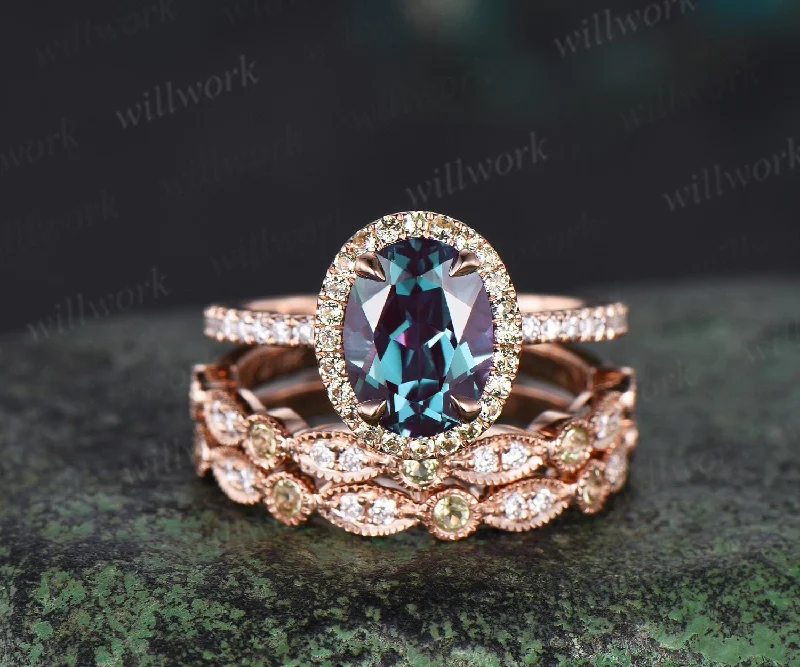 Oval cut Alexandrite engagement ring set halo peridot ring rose gold vintage milgrain half eternity diamond bridal ring set women jewelry