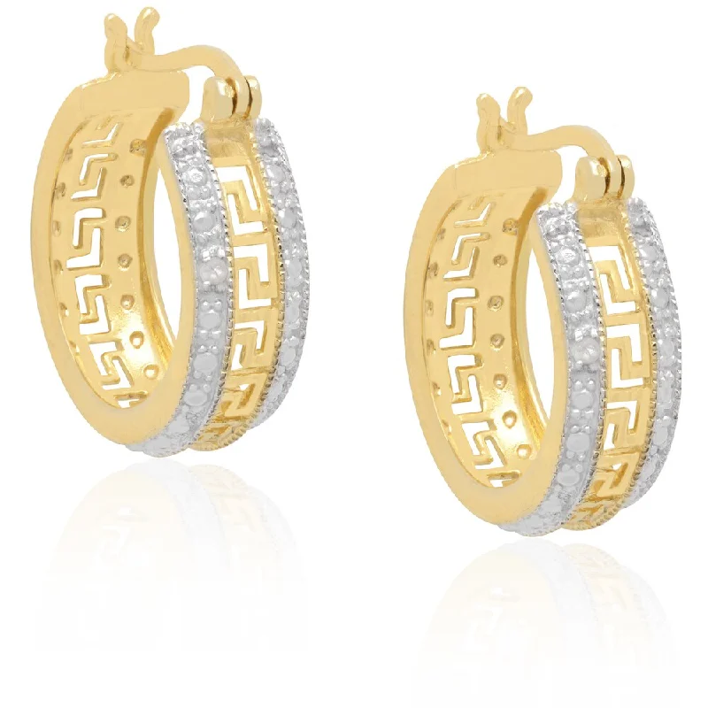 Finesque Two Tone Sterling Silver Diamond Accent Greek Key Design Hoop Earrings