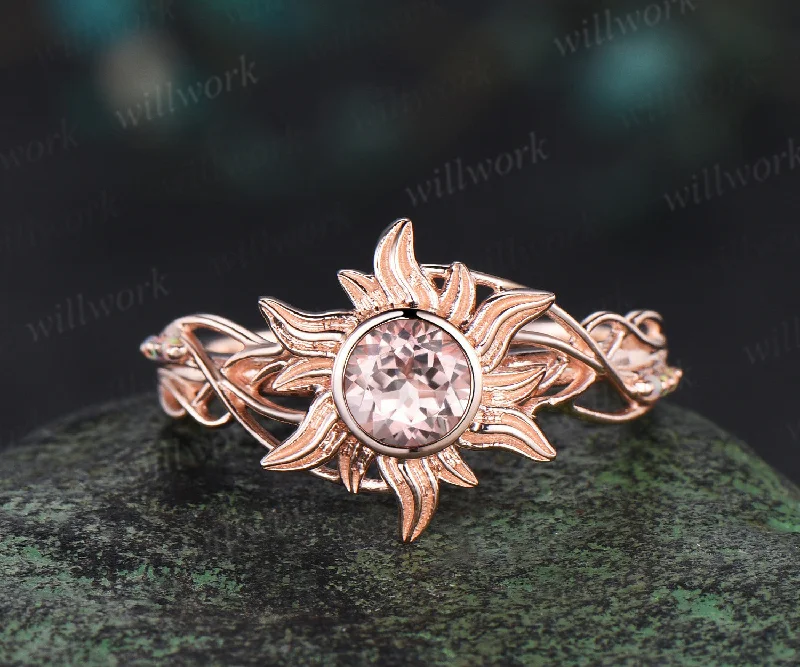 Rapunzel Ring Sun morganite Engagement Ring Tangled Sunflower Ring 14k rose Gold Wedding Ring Birthday Gift For Her