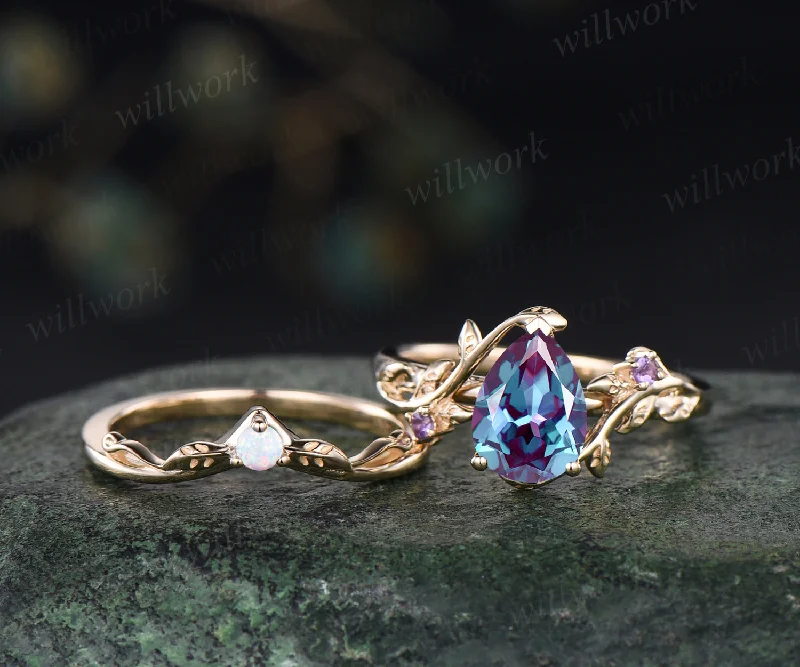 Teardrop Alexandrite engagement ring set nature inspired twig leaf color change gemstone amethyst ring opal wedding band birthstone ring bridal set