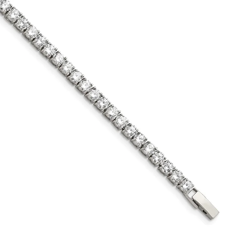 4mm Stainless Steel & White CZ Prong Set Tennis Link Bracelet, 7.5 In