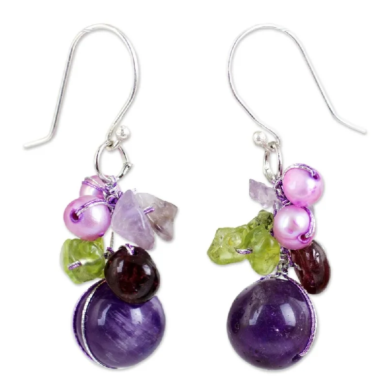 NOVICA Handmade Sterling Silver Garnet Amethyst Bright Dangling Earrings (Thailand) - 1.4*0.6