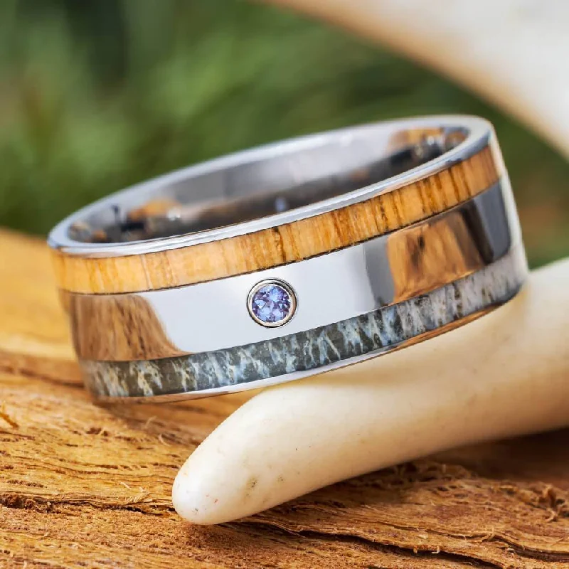 Deer Antler Wedding Band with Small Alexandrite Stone