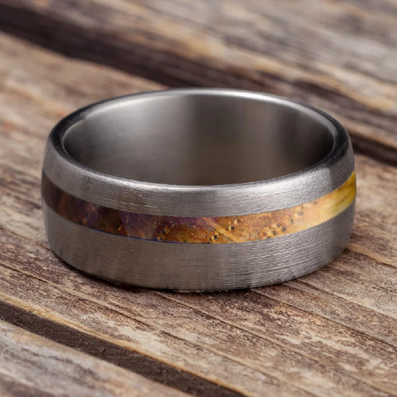 Whiskey Barrel Oak Wood Ring, Brushed Titanium Wedding Band