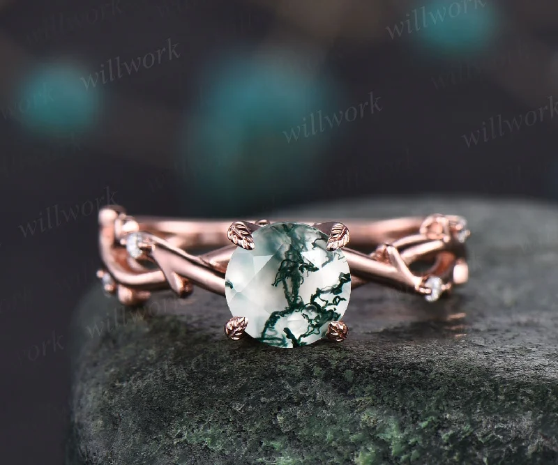 Round moss agate ring for women vintage moss agate engagement ring leaf diamond ring dainty rose gold antique anniversary bridal ring gift