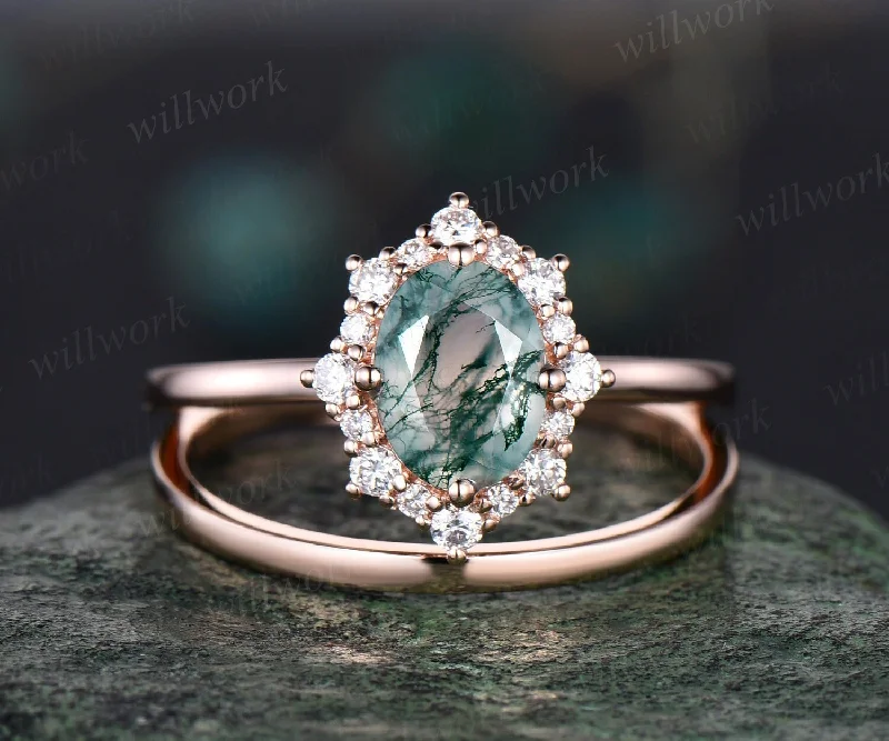 Oval green moss agate engagement ring snowdrift halo diamond bridal set solid 14k rose gold stacking Solitaire wedding ring band women gift