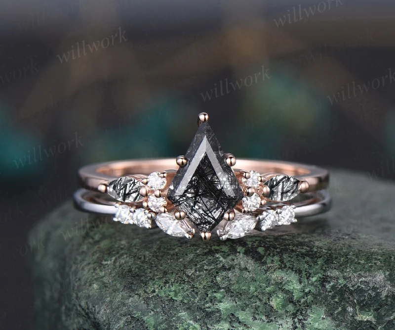 Kite cut black rutilated quartz ring vintage unique engagement ring rose gold marquise cut diamond ring dainty promise bridal ring set women