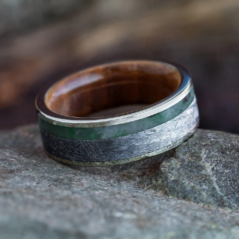 Gibeon Meteorite Ring With Green Jade, Whiskey Barrel Wedding Band