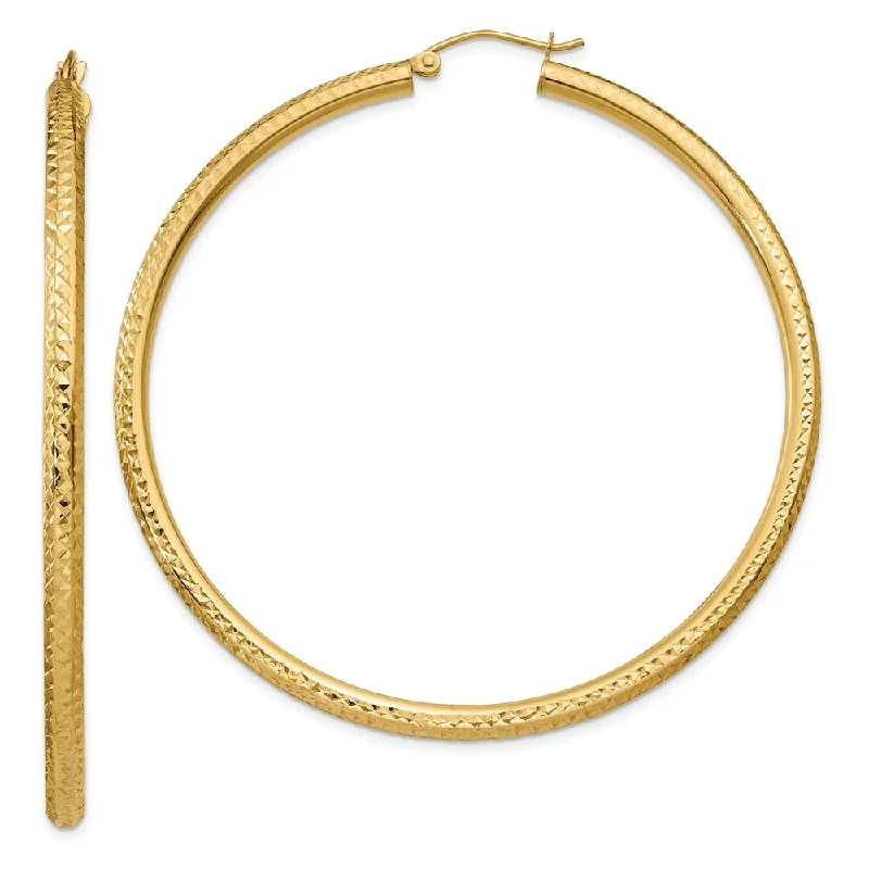 14k Yellow Gold Diamond-cut Round Hoop Earrings (L-60 mm, W-3 mm)