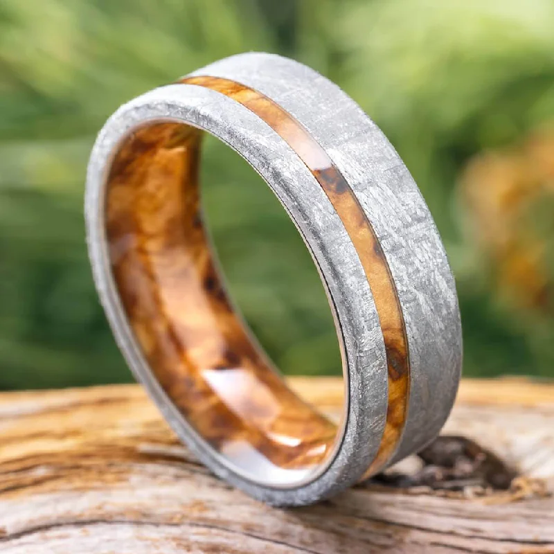 Men's Meteorite Wedding Band with Black Ash Burl Wood