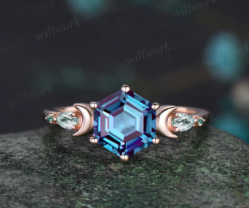 READY TO SHIP : Hexagon Alexandrite Engagement Ring - 14k Rose Gold - Ring Size:5.5 US