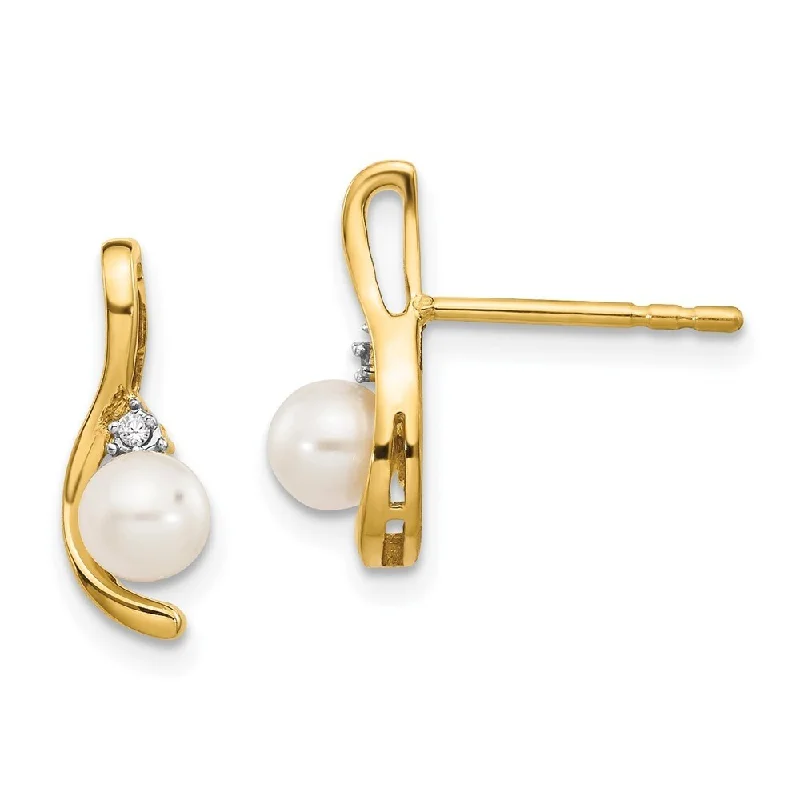 14k Yellow Gold Diamond And Cultured Pearl Earrings (L-14 mm, W-5 mm)